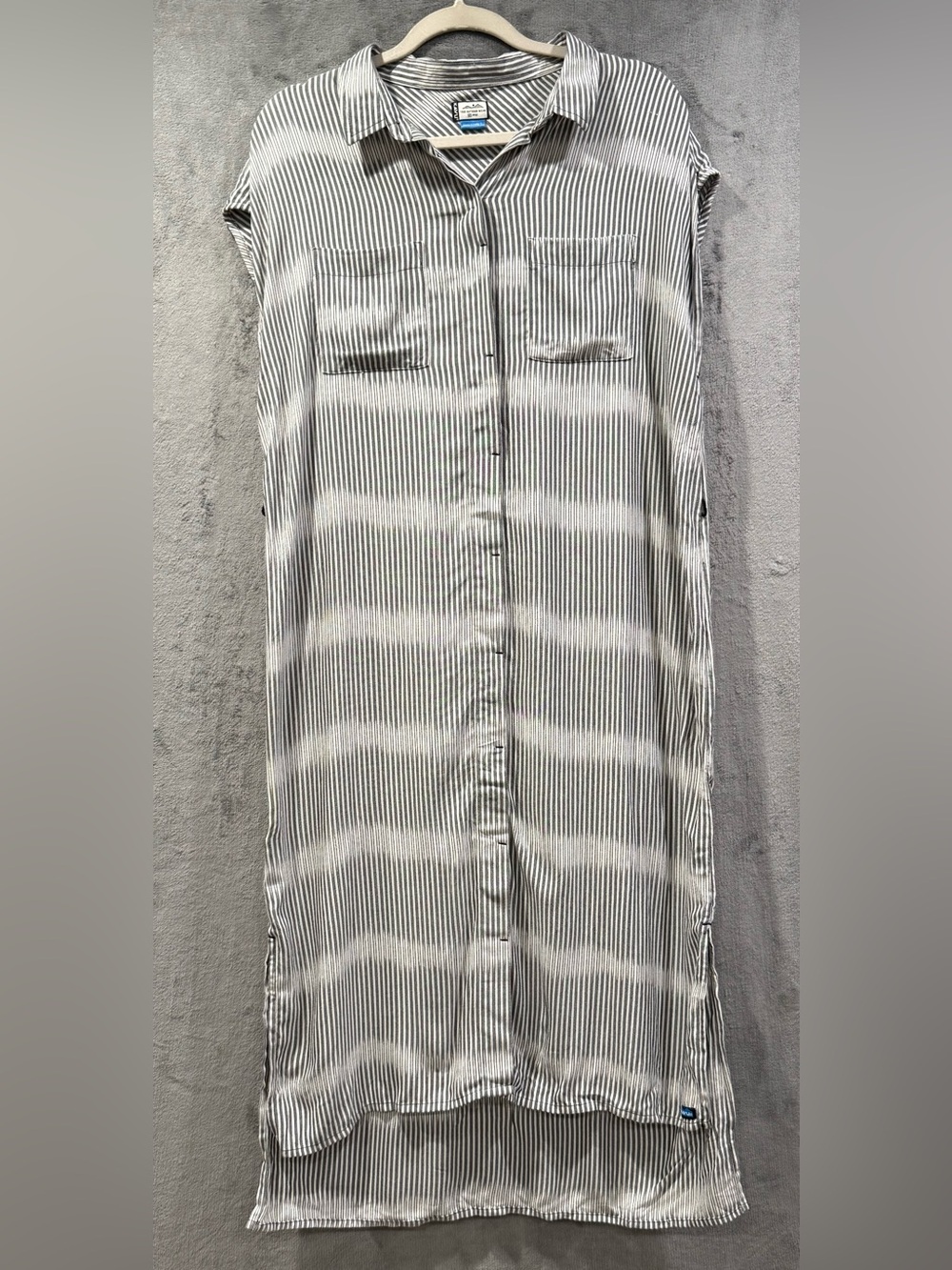 Kavu La Plaz Midi Shirt Dress Size Large Gray White Lightweight Resortwear Beach